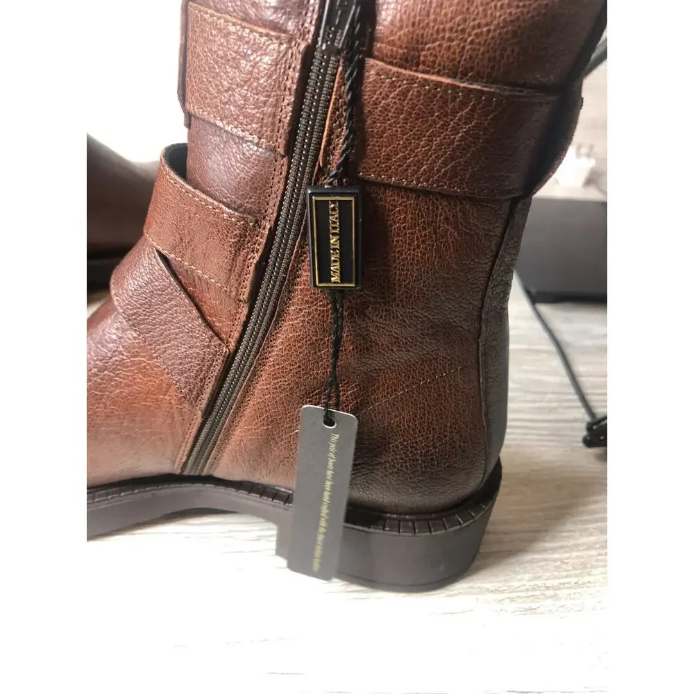 Emanuele Crasto Womens Brown Leather 3 Buckle Italian Moto Biker Boots SZ 39/8.5